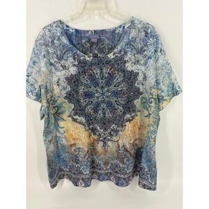 Laura‎ Scott Woman 3X Top Blouse Paisley Medallion Print Embellished Plus Size